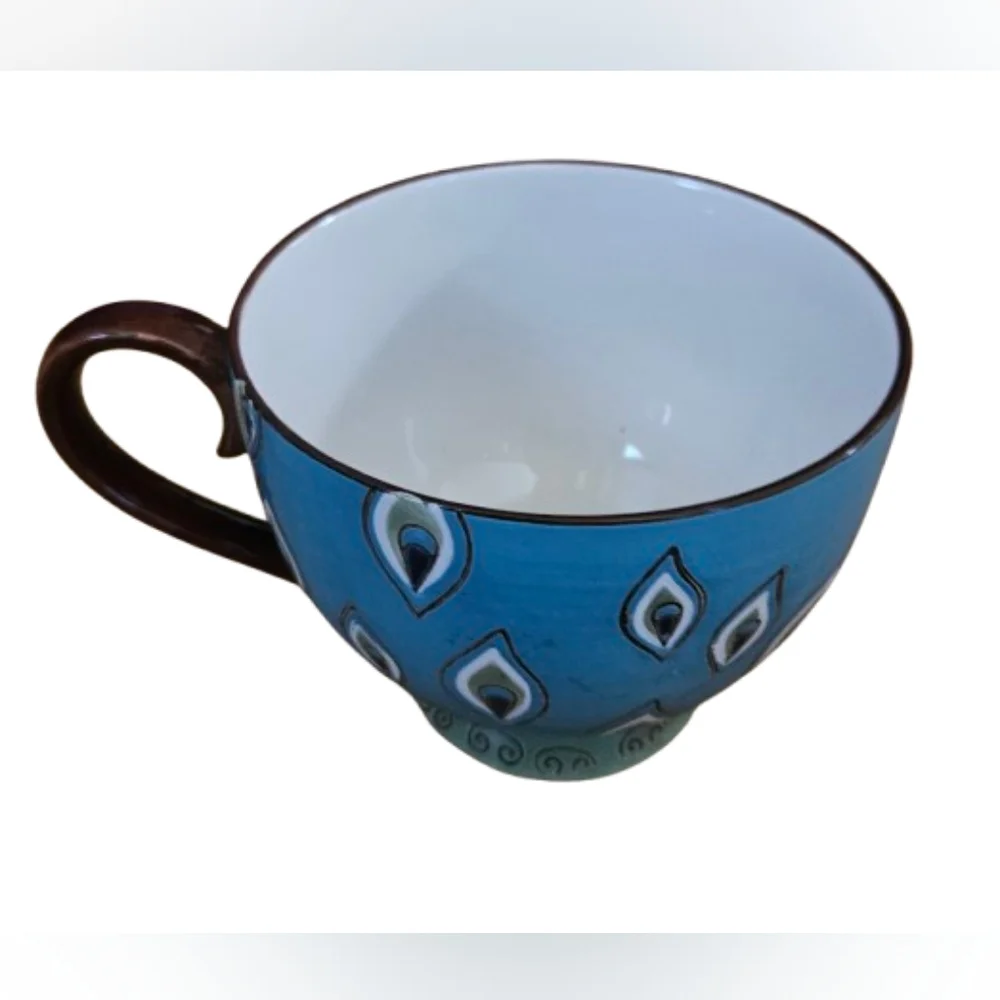 NWOT Pier 1 Imports Dolomite Peacock Hand Painted Footed Coffee Mug or Tea Cup